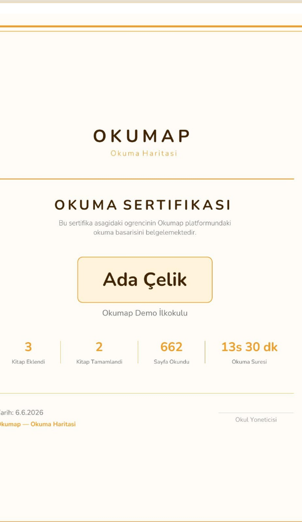 Okumap okuma sertifikası — kuruma özel, veliye giden başarı belgesi